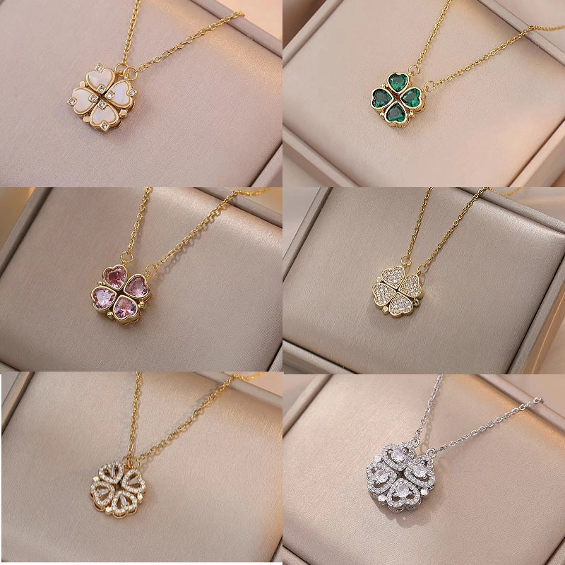 Wholesale heart to heart open and close four leaf flower fashion necklace