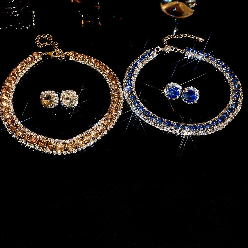 Wholesale Heavy Diamond Round Geometric Earrings and Necklace Set