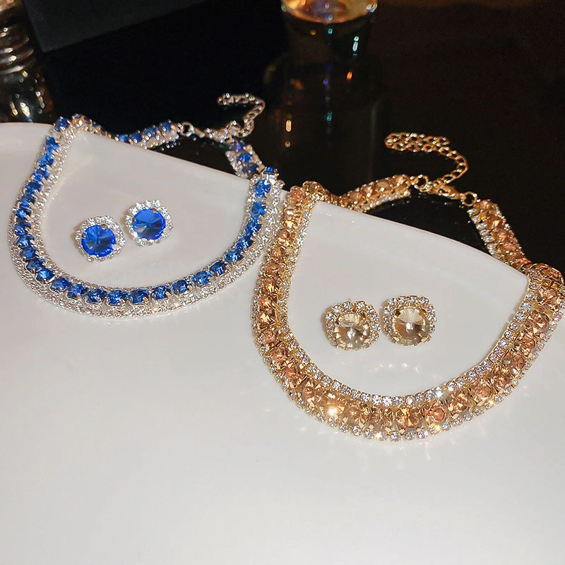 Wholesale Heavy Diamond Round Geometric Earrings and Necklace Set
