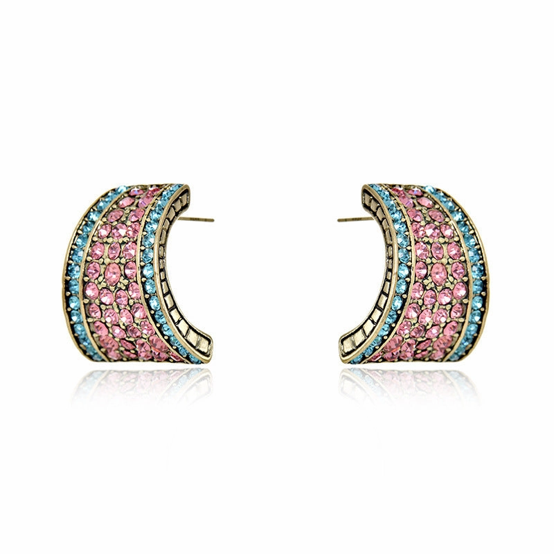 Wholesale Heavy Industry Trapeze Color Diamond C Shape Alloy Earrings