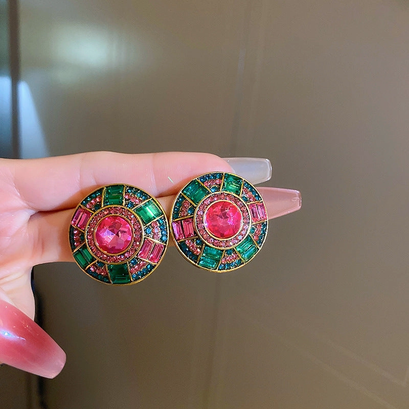 Wholesale Heavy Vintage Diamond Emerald Round Earrings Necklace Set