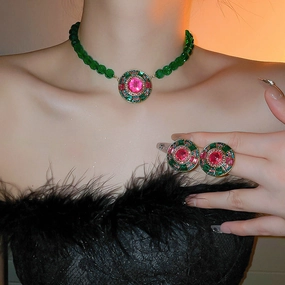 Wholesale Heavy Vintage Diamond Emerald Round Earrings Necklace Set