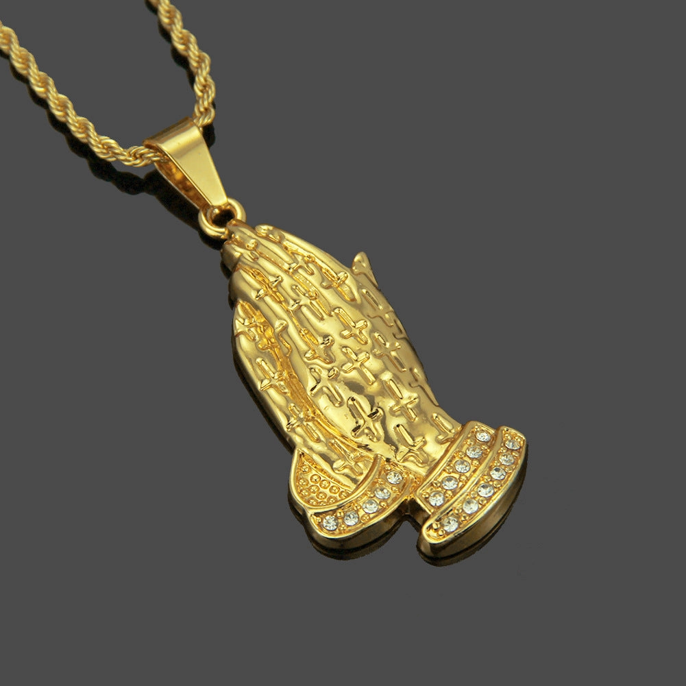 Wholesale Hip Hop Domineering Punk Buddha Hand Diamond Pendant Men's Alloy Necklace