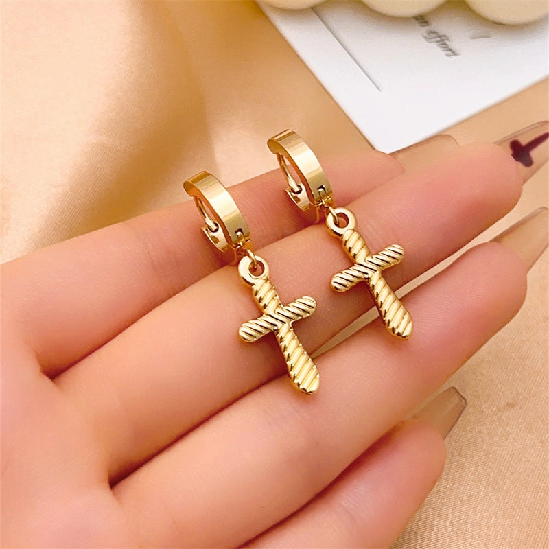 Wholesale Hip Hop Titanium Steel Polished Earrings Cross Pendant Hoop Earrings