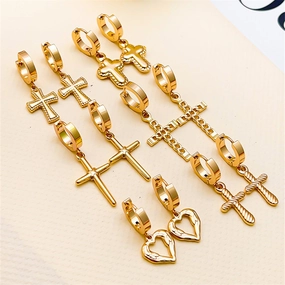 Wholesale Hip Hop Titanium Steel Polished Earrings Cross Pendant Hoop Earrings