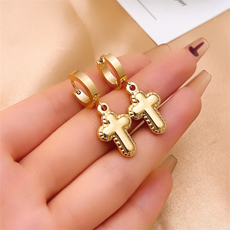 Wholesale Hip Hop Titanium Steel Polished Earrings Cross Pendant Hoop Earrings