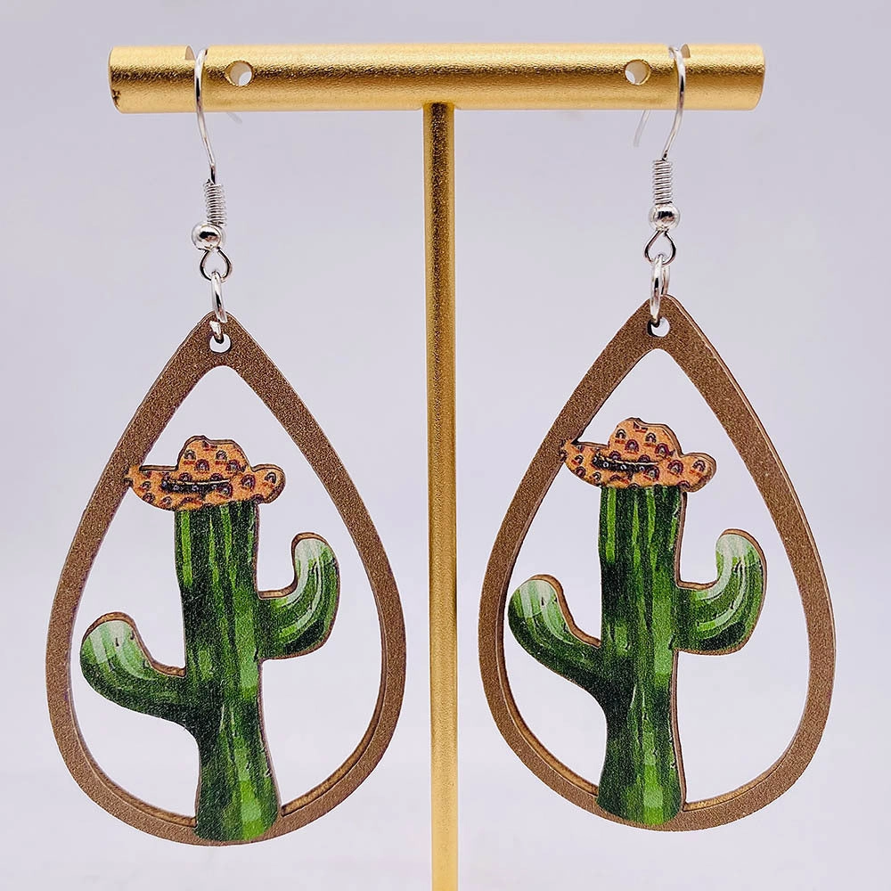 Wholesale Hollow Cactus Wooden Elk Mushroom Print Earrings