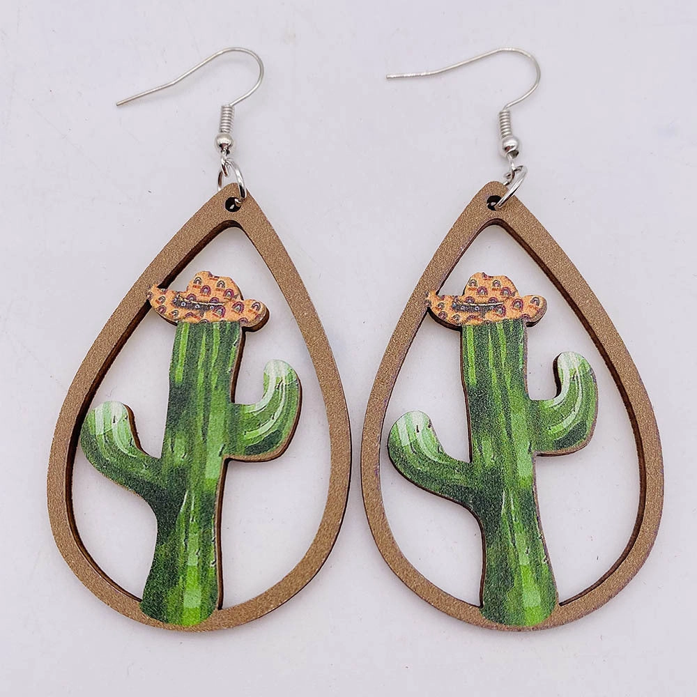 Wholesale Hollow Cactus Wooden Elk Mushroom Print Earrings