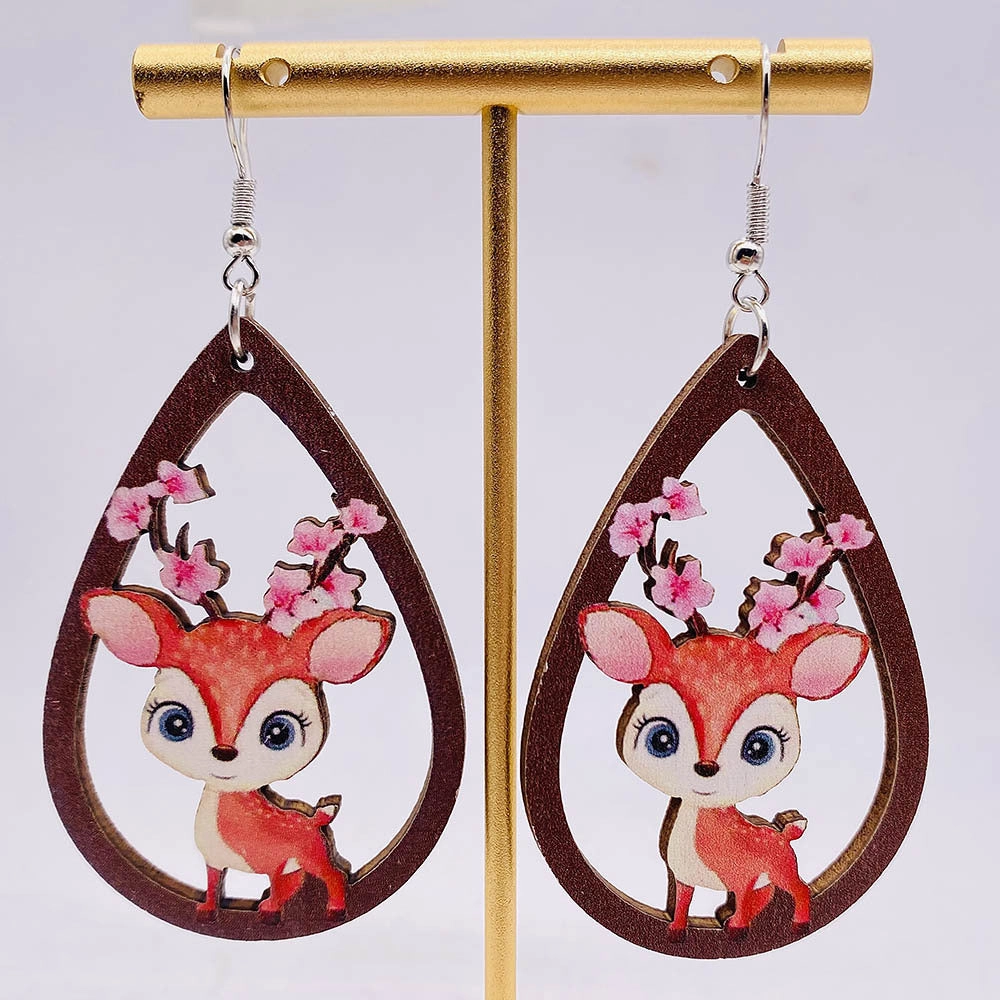 Wholesale Hollow Cactus Wooden Elk Mushroom Print Earrings