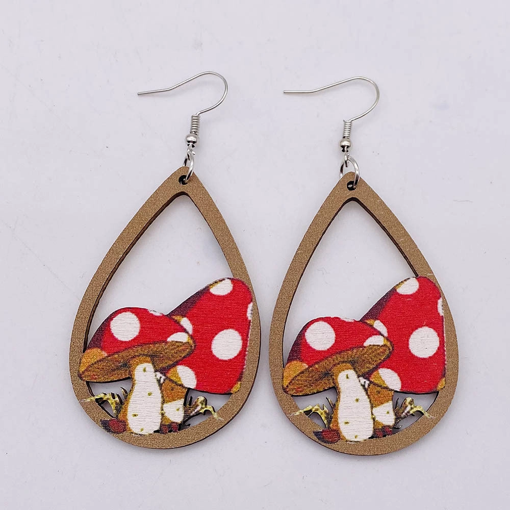 Wholesale Hollow Cactus Wooden Elk Mushroom Print Earrings