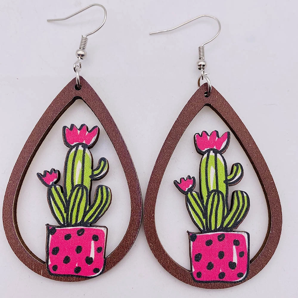 Wholesale Hollow Cactus Wooden Elk Mushroom Print Earrings