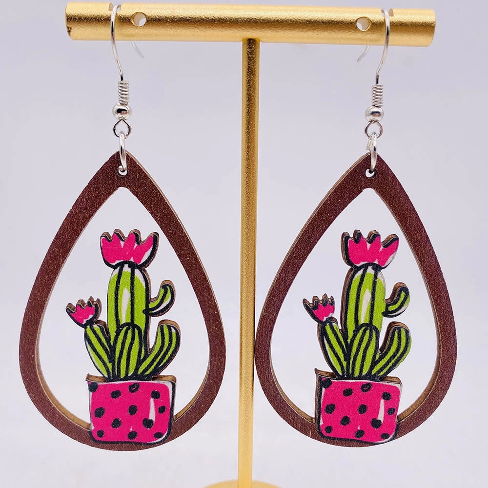 Wholesale Hollow Cactus Wooden Elk Mushroom Print Earrings