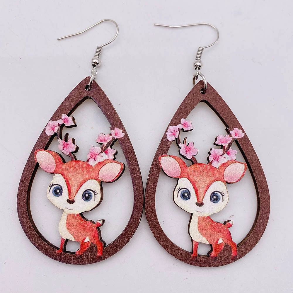 Wholesale Hollow Cactus Wooden Elk Mushroom Print Earrings