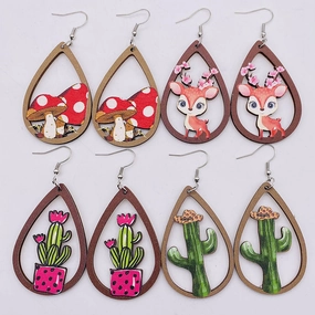 Wholesale Hollow Cactus Wooden Elk Mushroom Print Earrings