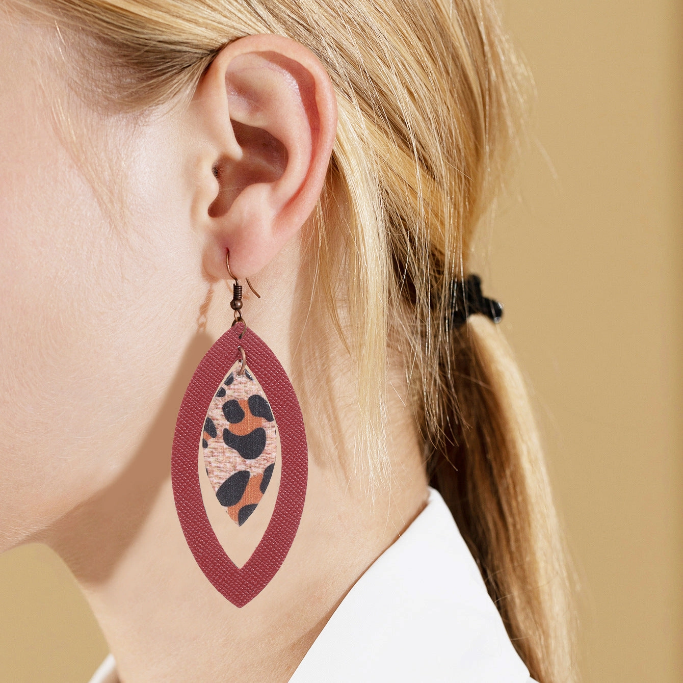 Wholesale Hollow Leopard Drop Leather Earrings