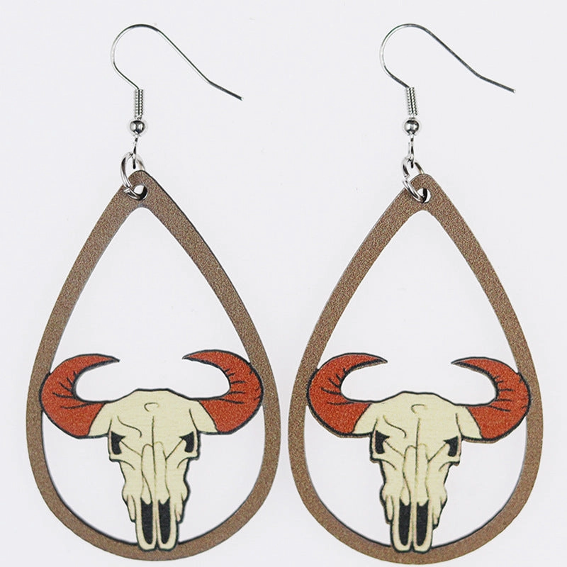 Wholesale Hollow Sunflower Cactus Bull Head Print Wooden Earrings