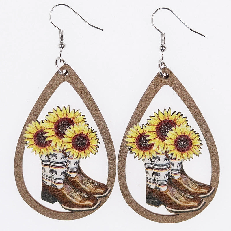 Wholesale Hollow Sunflower Cactus Bull Head Print Wooden Earrings
