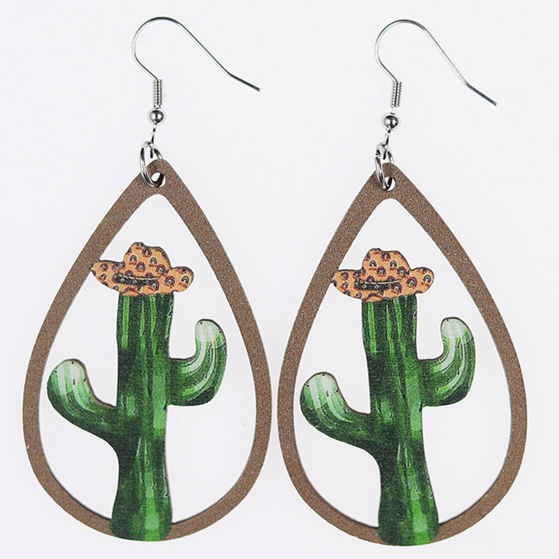 Wholesale Hollow Sunflower Cactus Bull Head Print Wooden Earrings