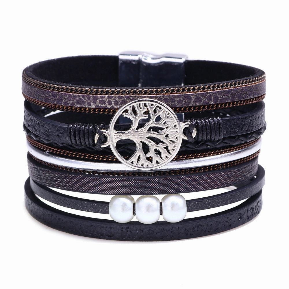 Wholesale Hollow Tree Of Life Embossed Letter Pearl Magnetic Buckle Bacelet