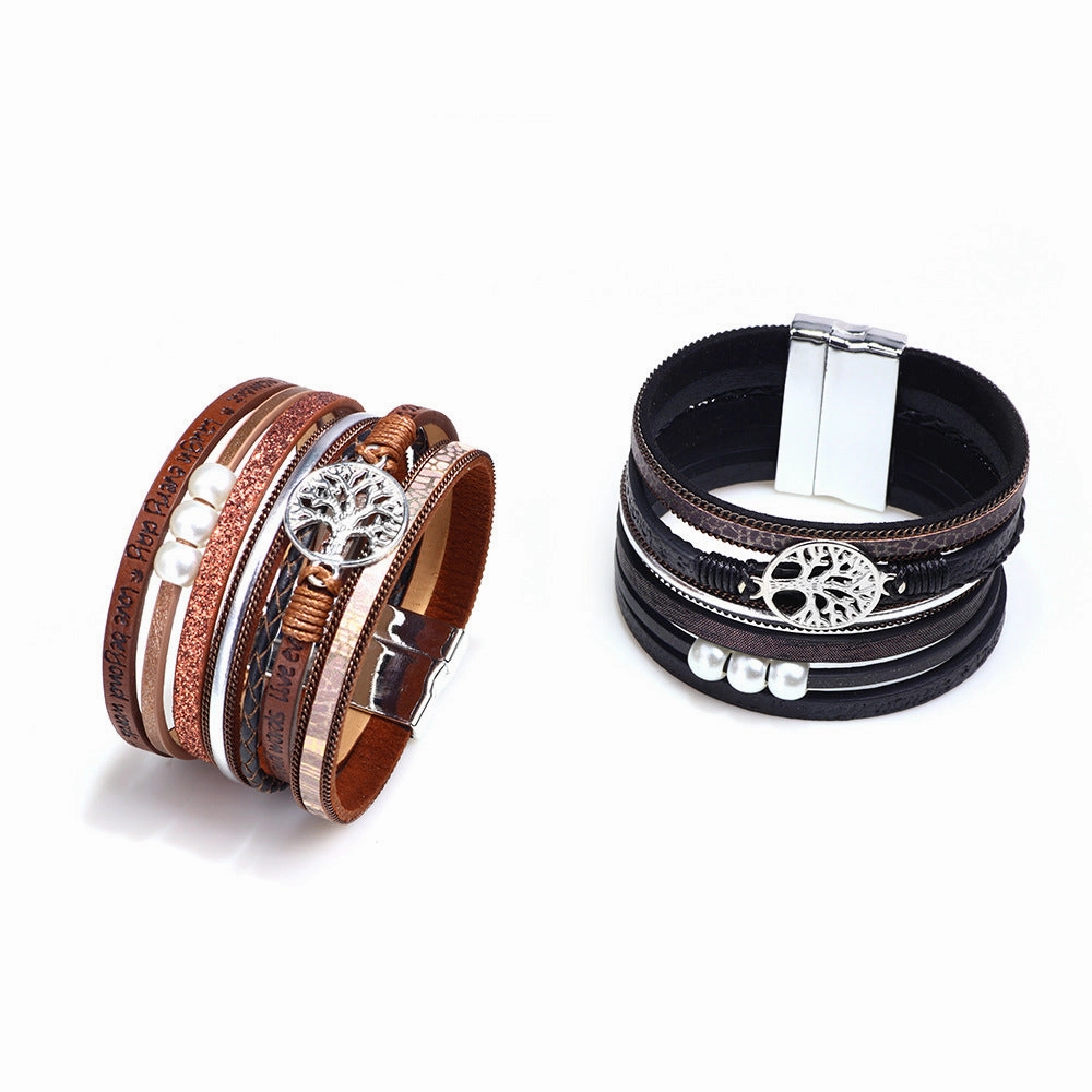 Wholesale Hollow Tree Of Life Embossed Letter Pearl Magnetic Buckle Bacelet