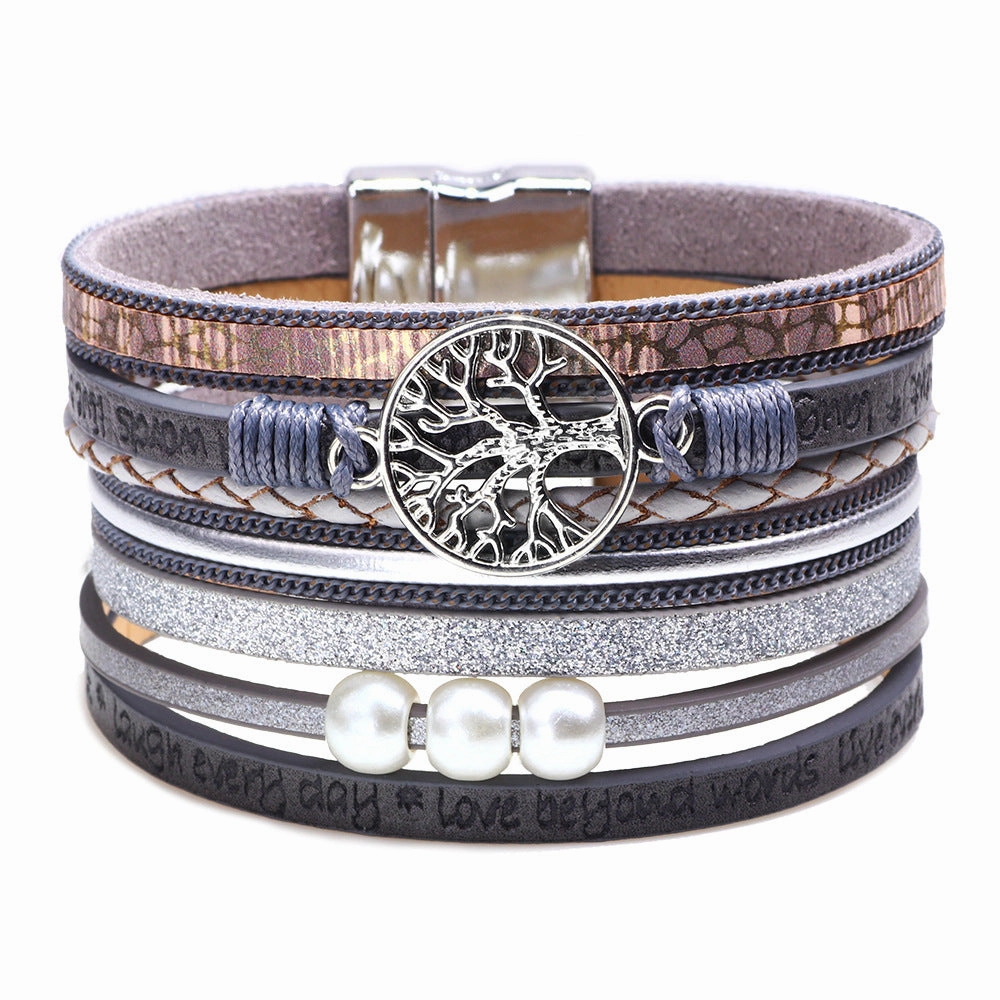 Wholesale Hollow Tree Of Life Embossed Letter Pearl Magnetic Buckle Bacelet