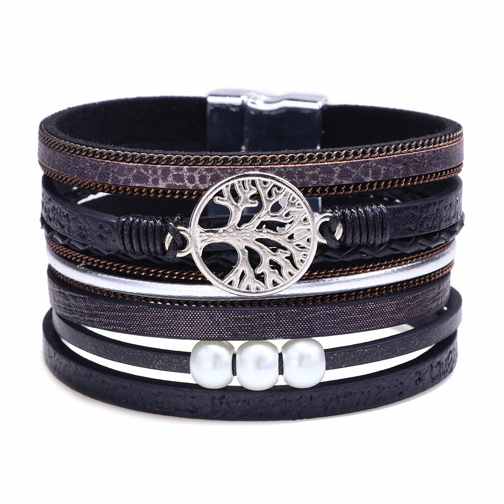 Wholesale Hollow Tree Of Life Embossed Letter Pearl Magnetic Buckle Bacelet