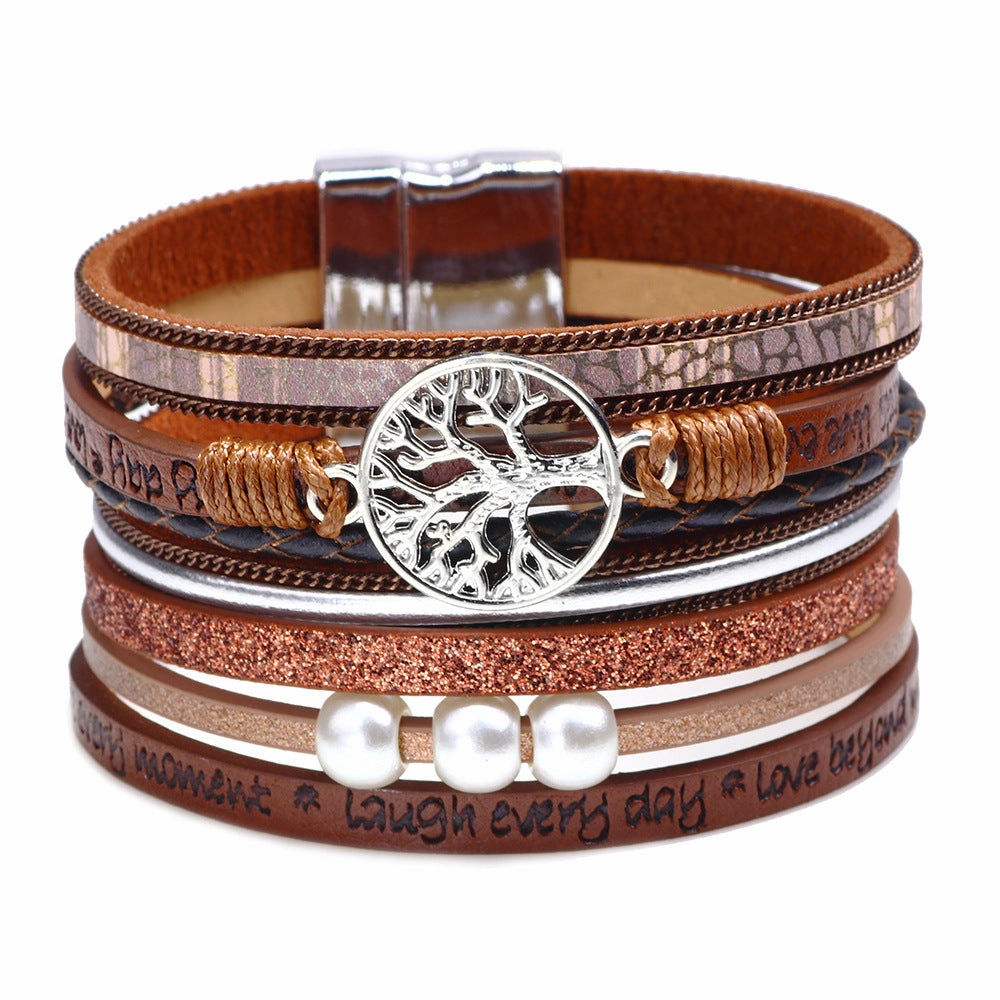 Wholesale Hollow Tree Of Life Embossed Letter Pearl Magnetic Buckle Bacelet