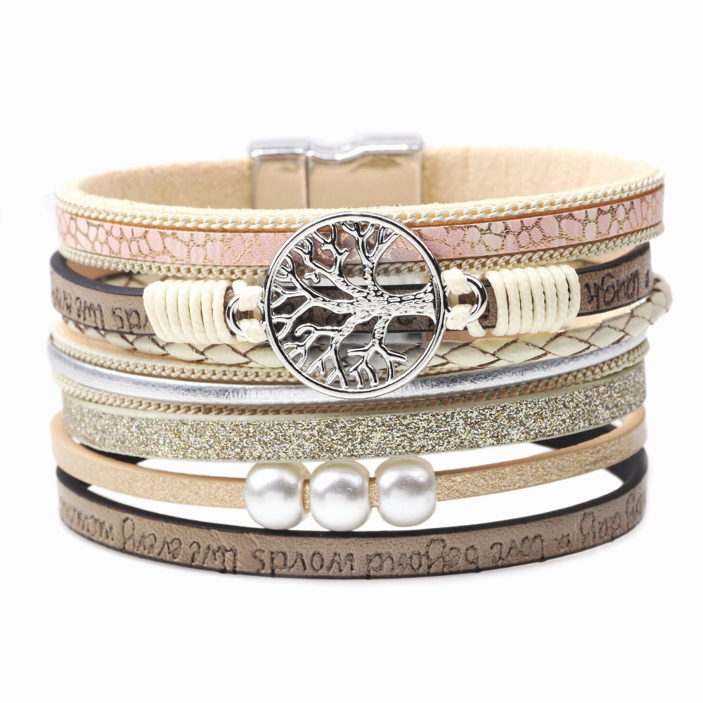 Wholesale Hollow Tree Of Life Embossed Letter Pearl Magnetic Buckle Bacelet