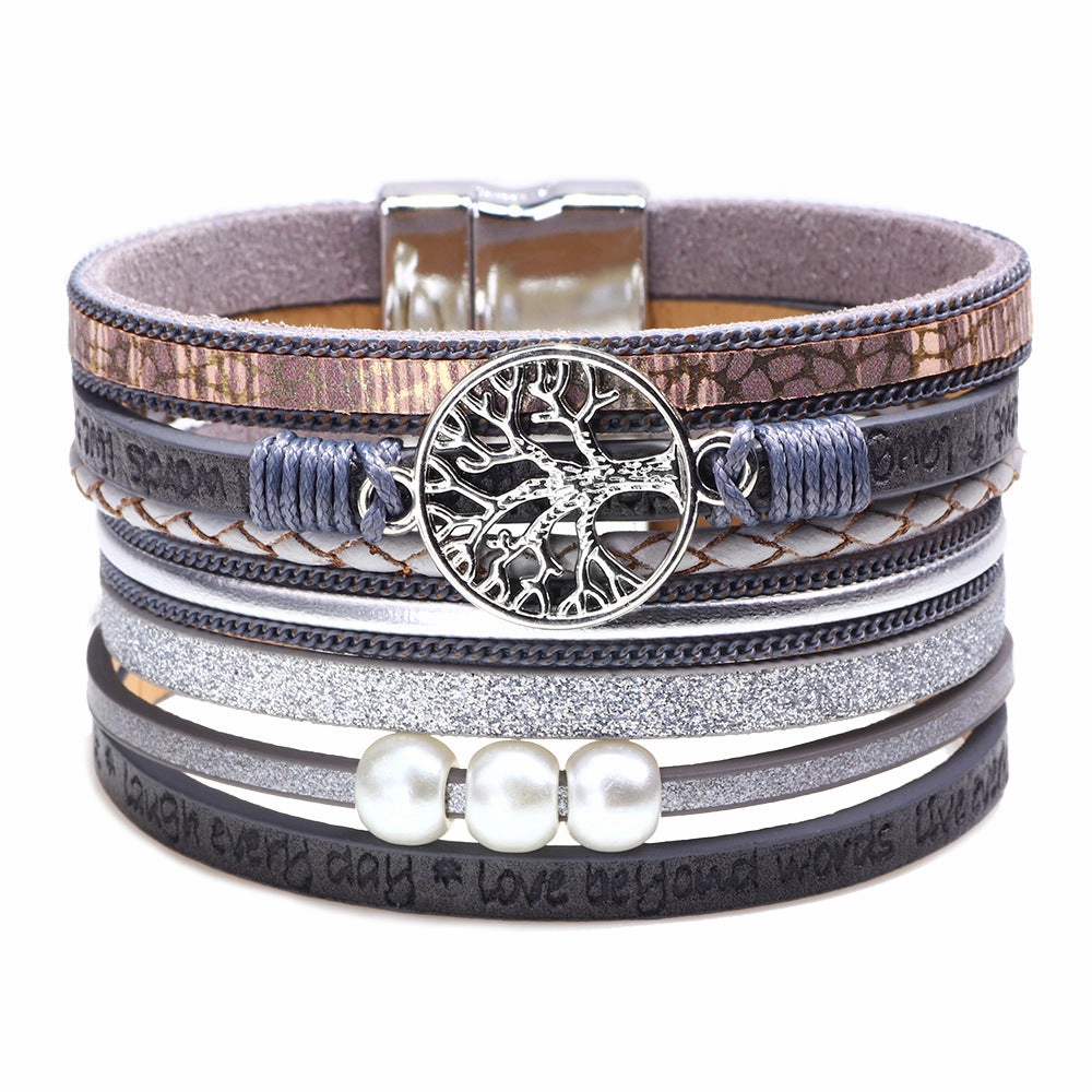 Wholesale Hollow Tree Of Life Embossed Letter Pearl Magnetic Buckle Bacelet