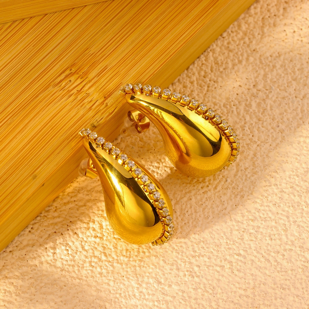 Wholesale Hollow Water Drop Diamond 18K Gold Stainless Steel Earrings