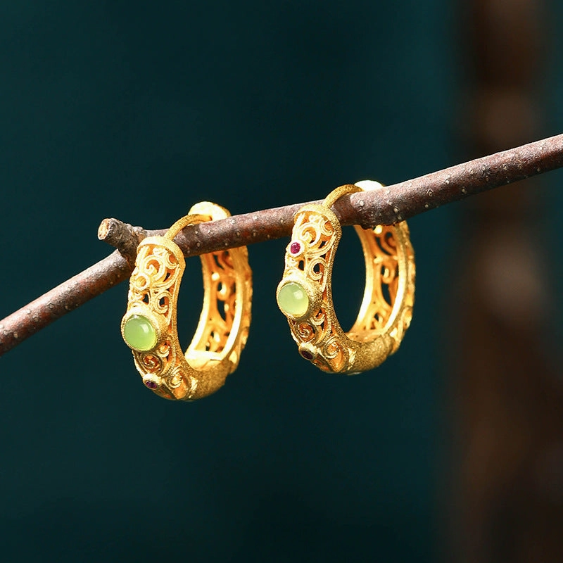 Wholesale Hollow Xiangyun Pattern Inlaid Natural Jasper Earrings