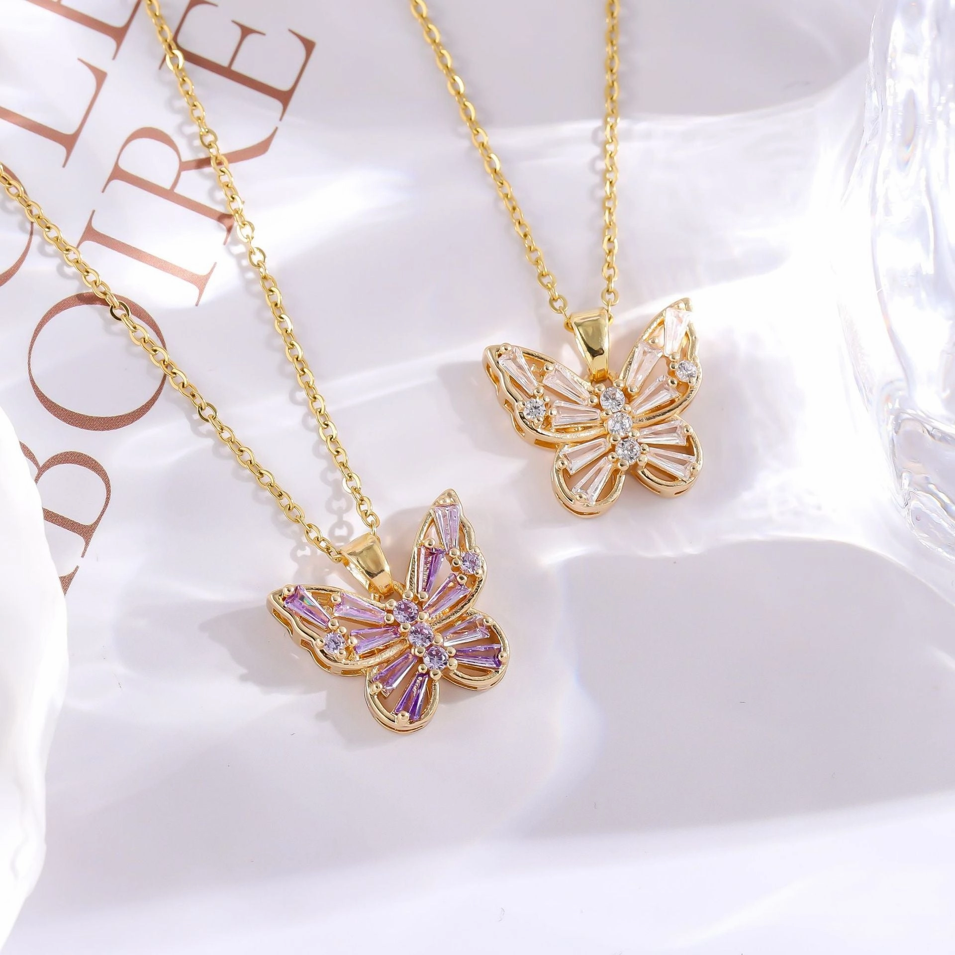 Wholesale Hollow Zircon Butterfly Copper Gold Plated Necklace