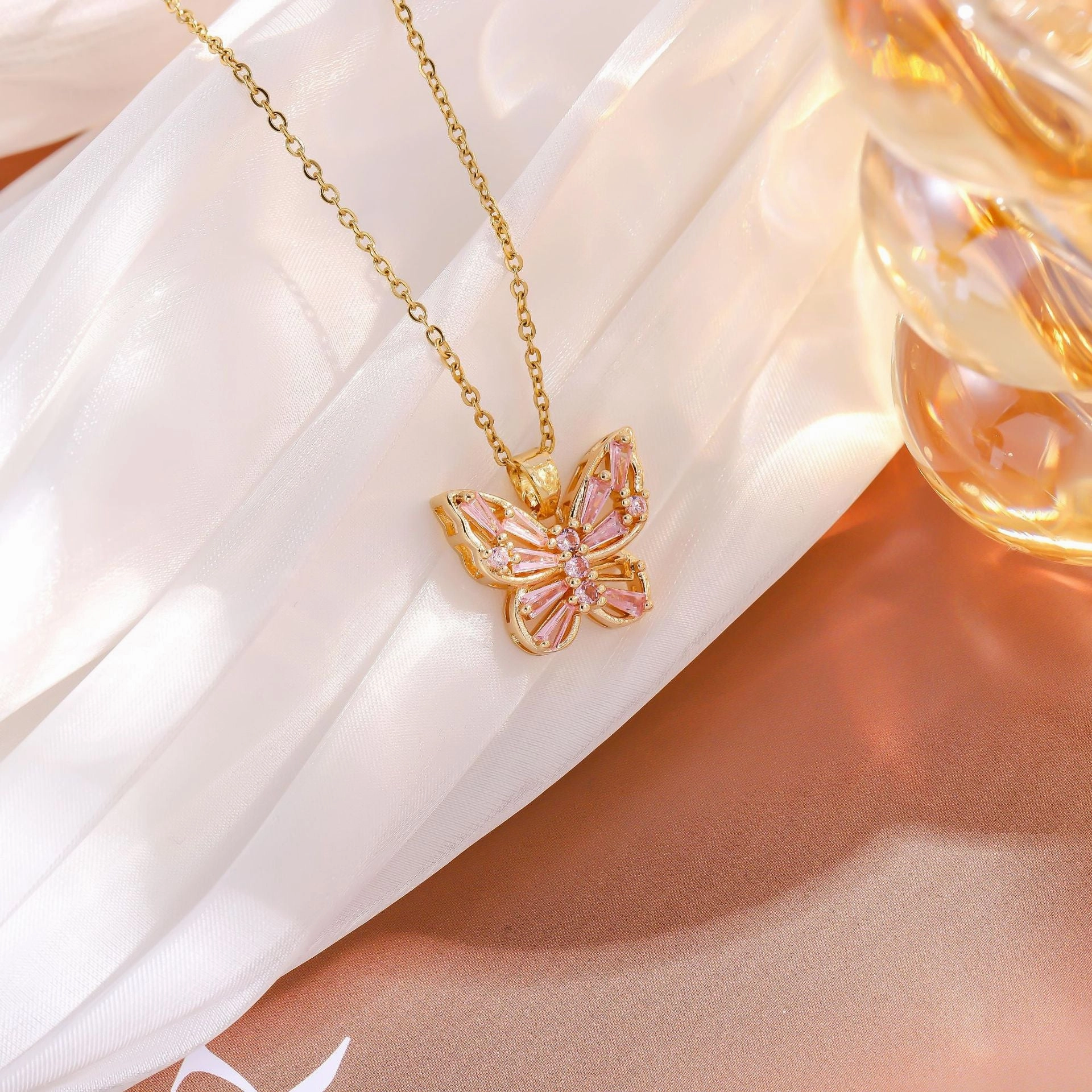 Wholesale Hollow Zircon Butterfly Copper Gold Plated Necklace