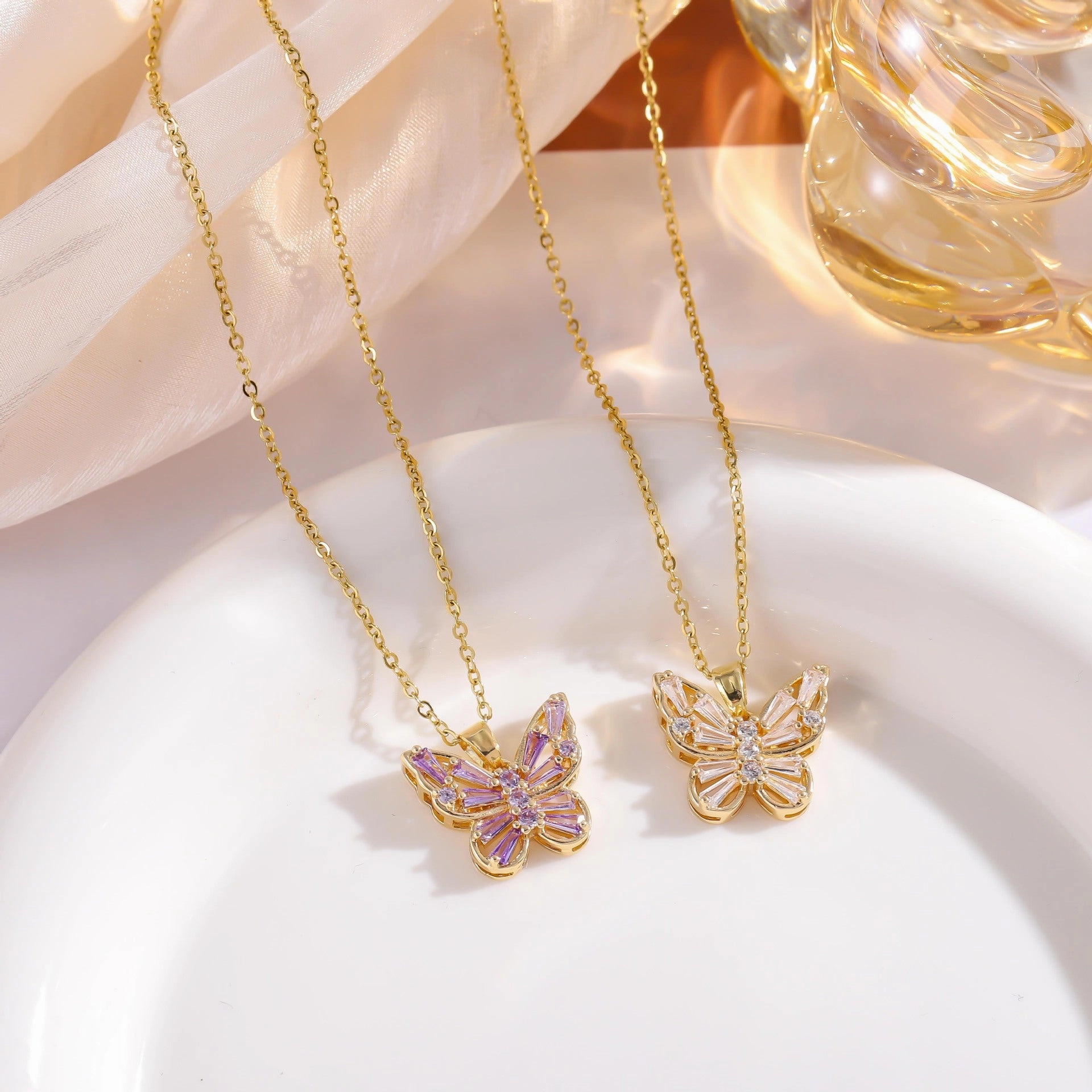 Wholesale Hollow Zircon Butterfly Copper Gold Plated Necklace