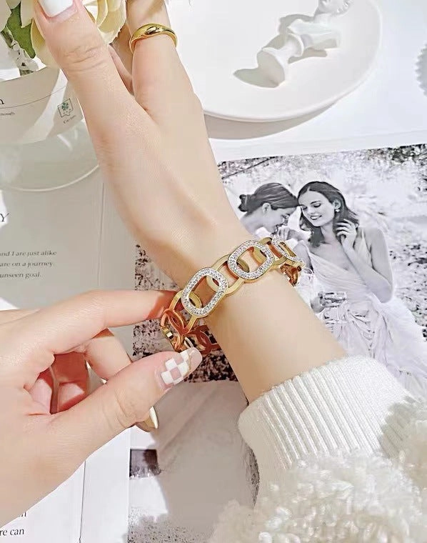 Wholesale Hollow Zircon Titanium Steel Plated 18K Gold Open Bracelet