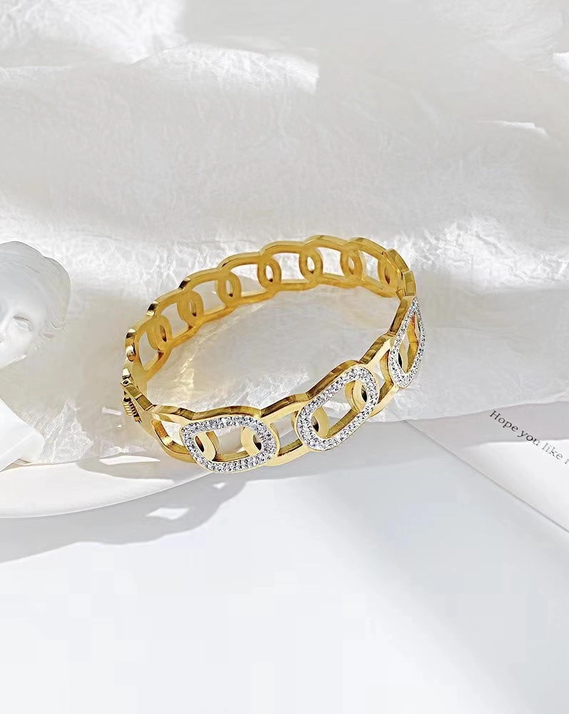 Wholesale Hollow Zircon Titanium Steel Plated 18K Gold Open Bracelet