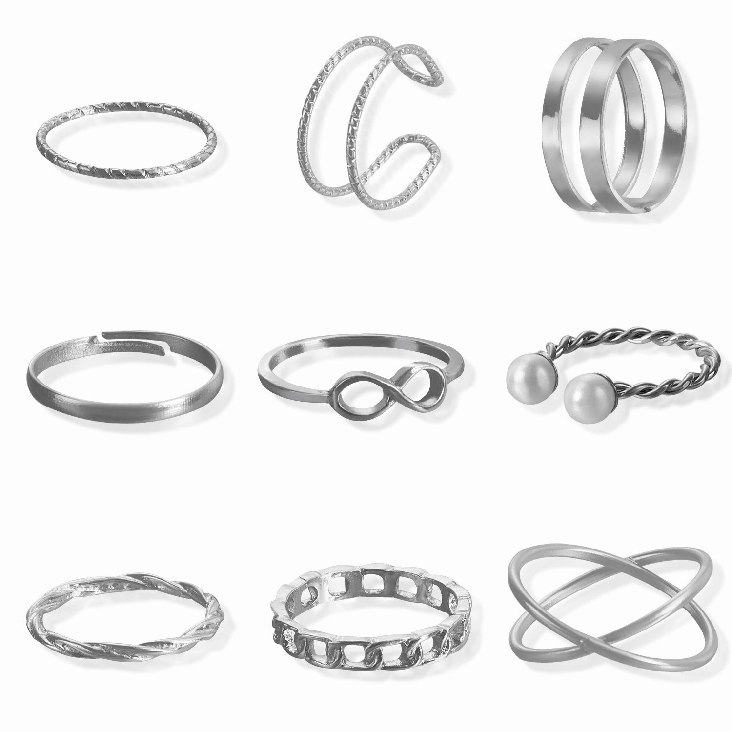Wholesale Hollowed Out Geometric Wave Shaped Pearl Opening 9-piece Set of Rings