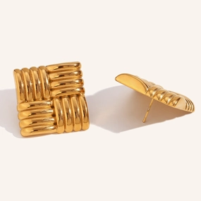Wholesale Horizontal and Vertical Striped Square Stainless Steel Gold Plated Earrings