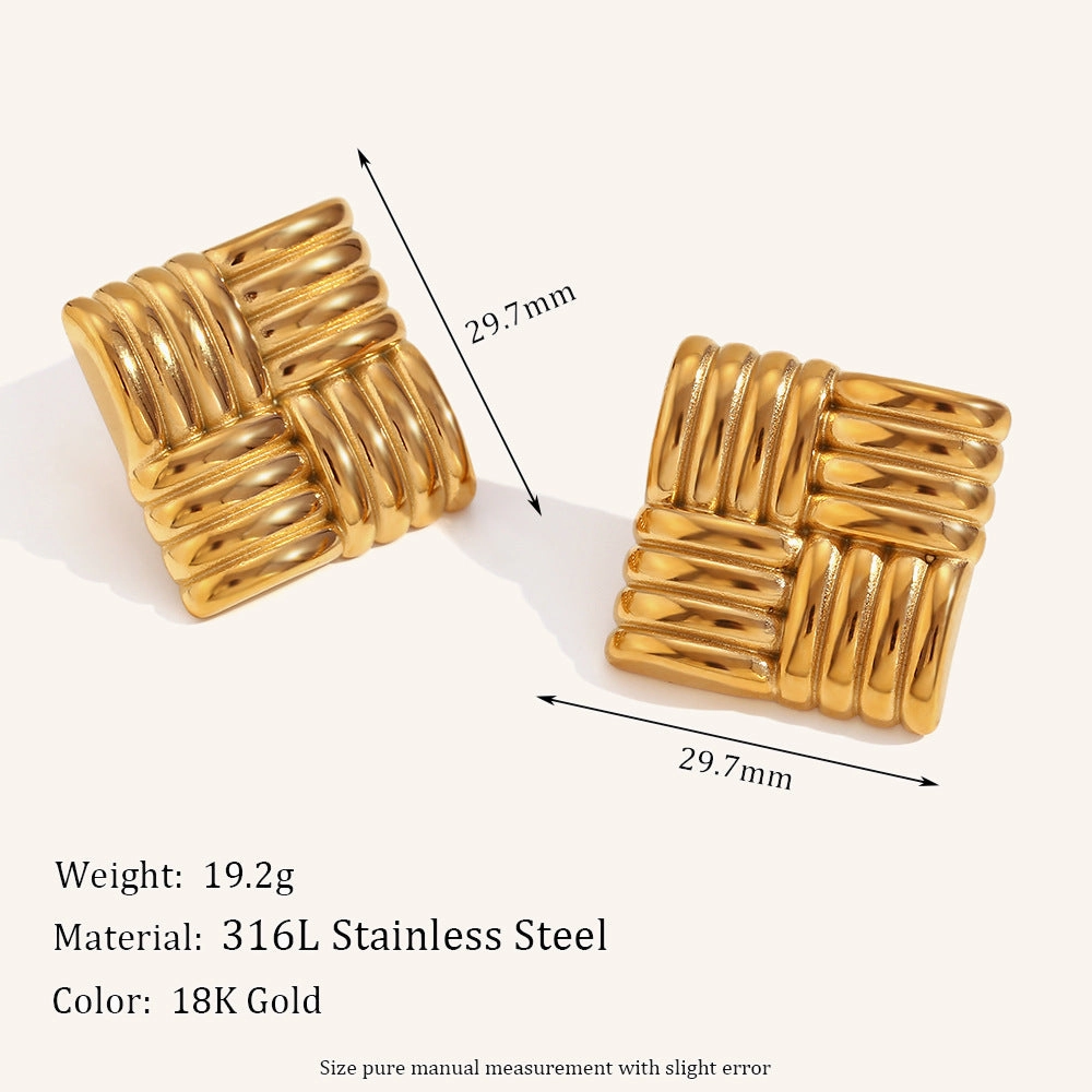 Wholesale Horizontal and Vertical Striped Square Stainless Steel Gold Plated Earrings