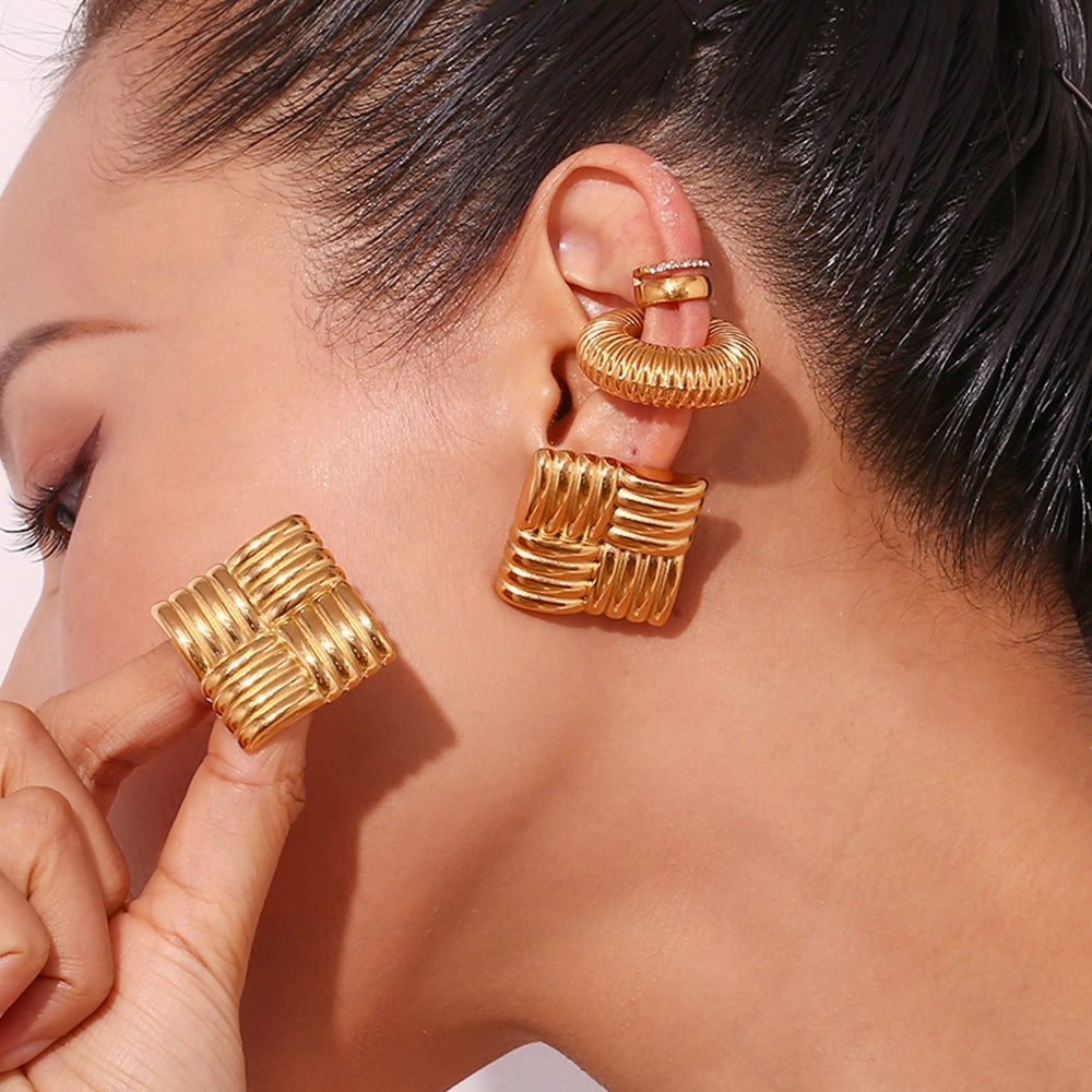 Wholesale Horizontal and Vertical Striped Square Stainless Steel Gold Plated Earrings