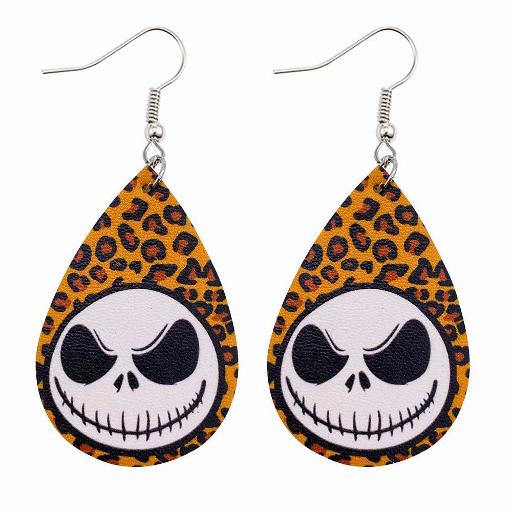 Wholesale Horror Christmas Skull Print Water Droplet Shaped PU Leather Earrings