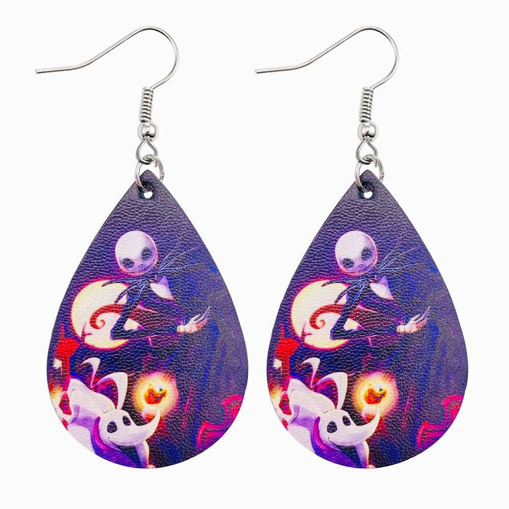 Wholesale Horror Christmas Skull Print Water Droplet Shaped PU Leather Earrings