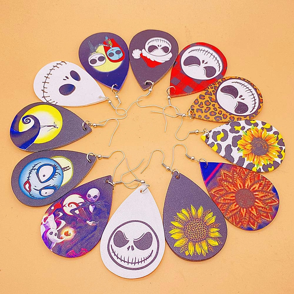 Wholesale Horror Christmas Skull Print Water Droplet Shaped PU Leather Earrings