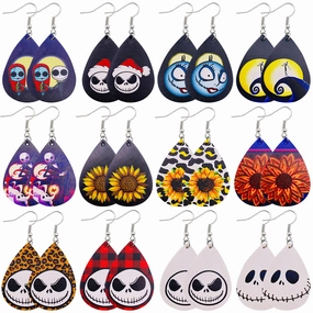 Wholesale Horror Christmas Skull Print Water Droplet Shaped PU Leather Earrings