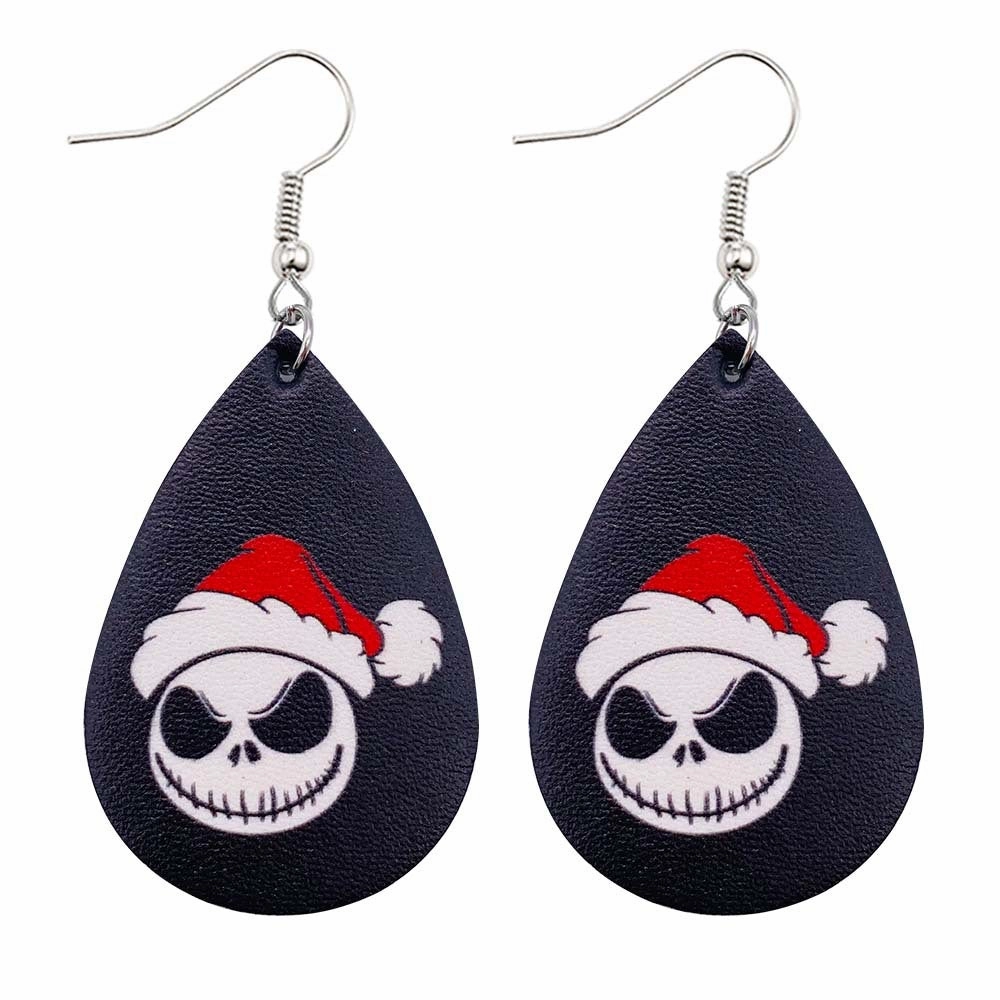 Wholesale Horror Christmas Skull Print Water Droplet Shaped PU Leather Earrings