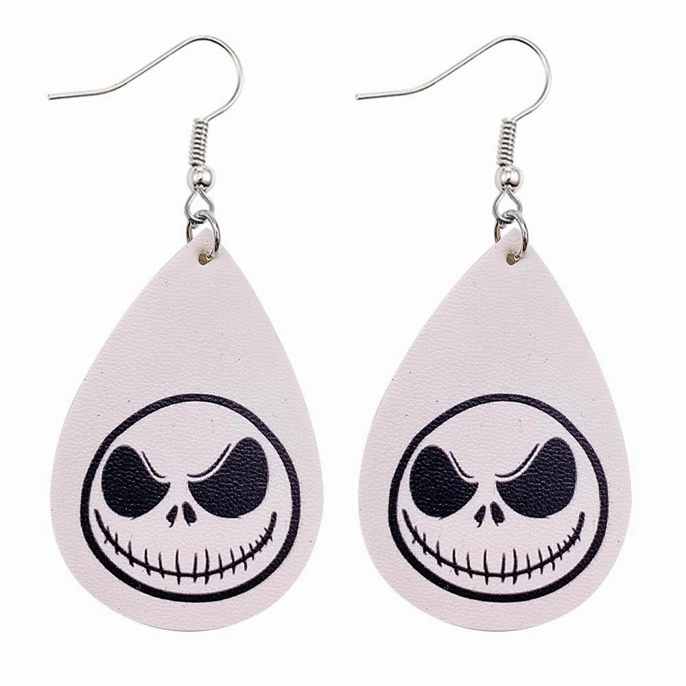 Wholesale Horror Christmas Skull Print Water Droplet Shaped PU Leather Earrings