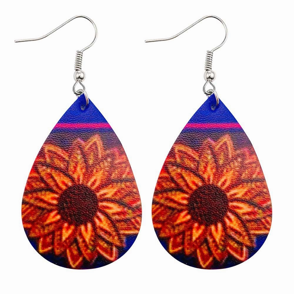 Wholesale Horror Christmas Skull Print Water Droplet Shaped PU Leather Earrings