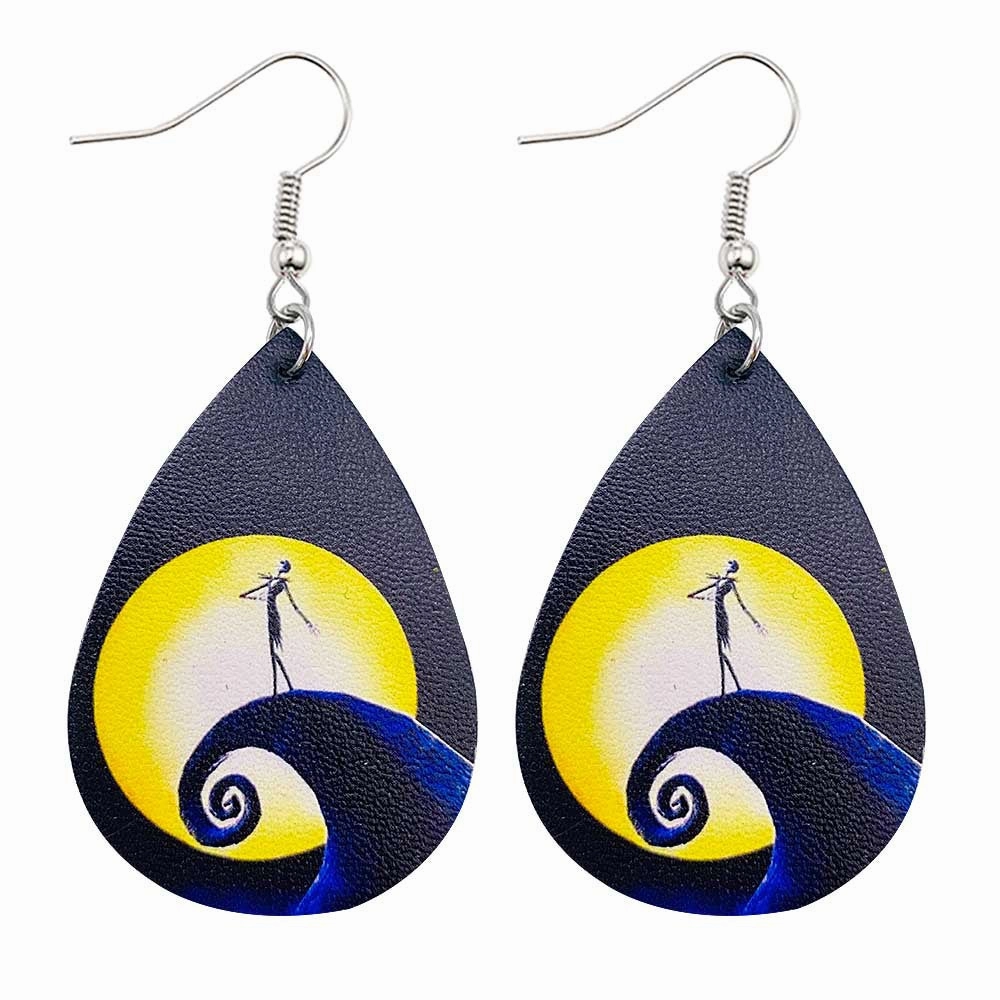 Wholesale Horror Christmas Skull Print Water Droplet Shaped PU Leather Earrings