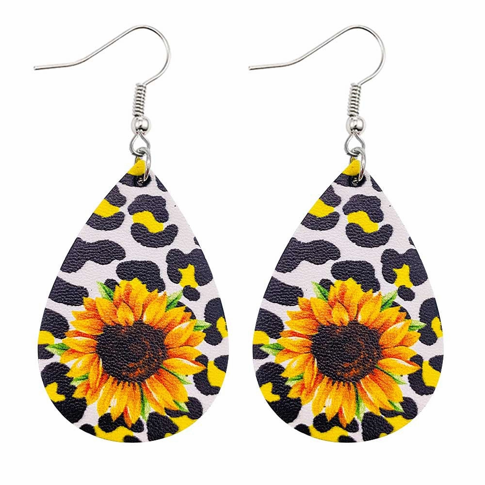 Wholesale Horror Christmas Skull Print Water Droplet Shaped PU Leather Earrings