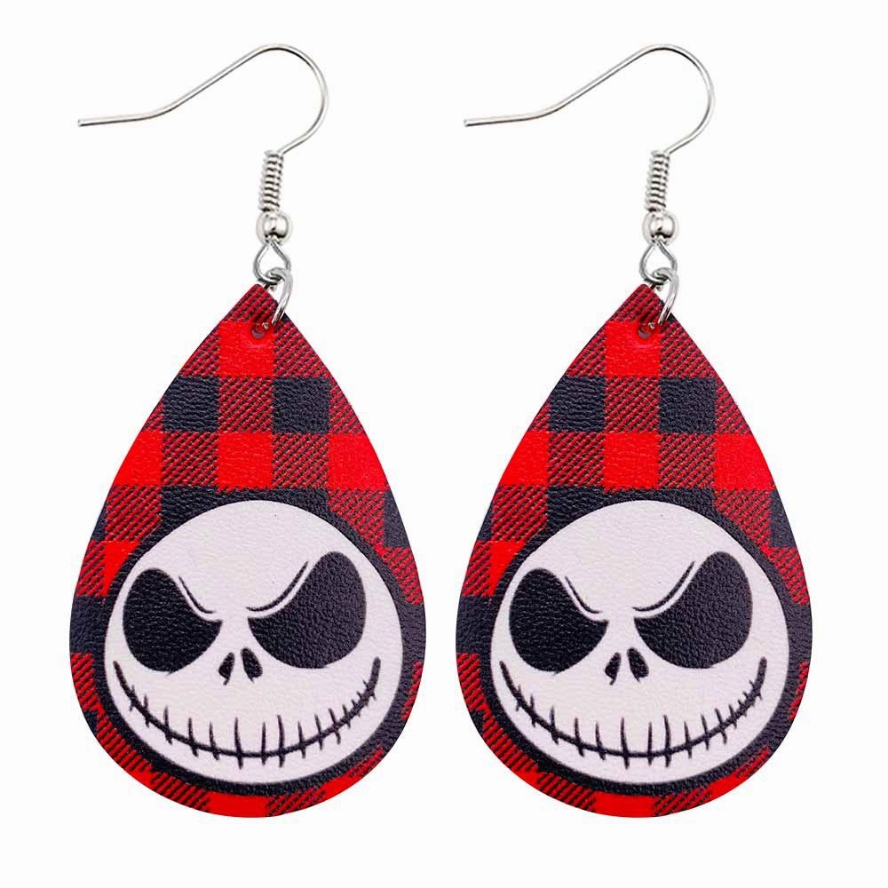 Wholesale Horror Christmas Skull Print Water Droplet Shaped PU Leather Earrings